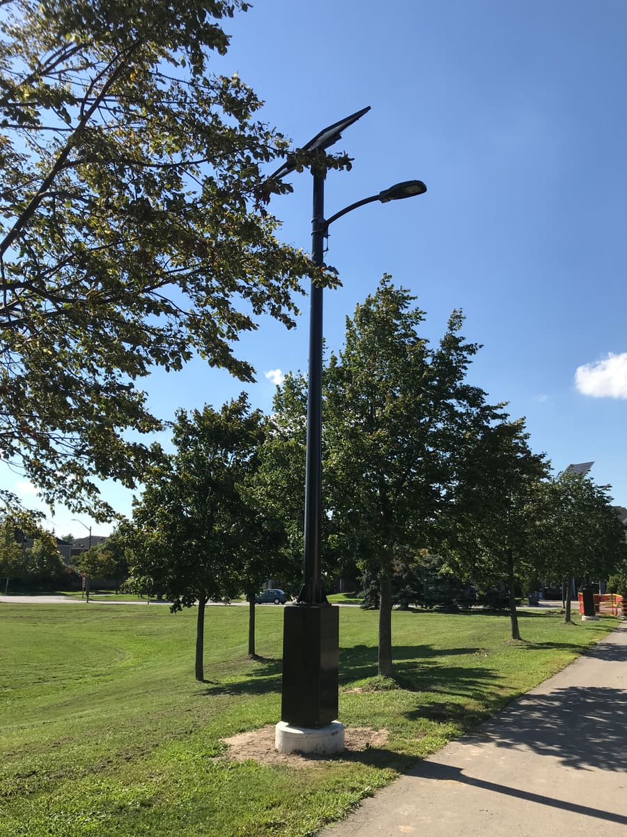 Solar light on a park pathway at Duncairn Park, Mississauga
